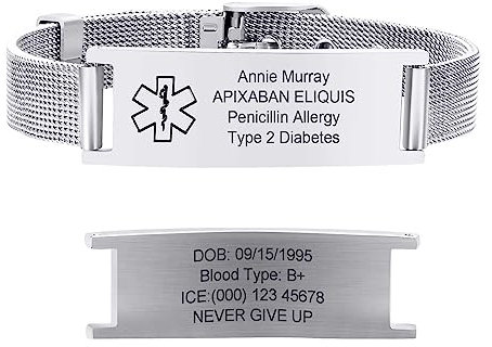 Notfallarmband Medizinisches Armband Damen Personalisierte : Silber Notfall Schmuck Gravur Ice Name Identifikation Allergien Diabetes Epilepsie Armbänder Medizinische Alarm Armband für Männer Mädchen