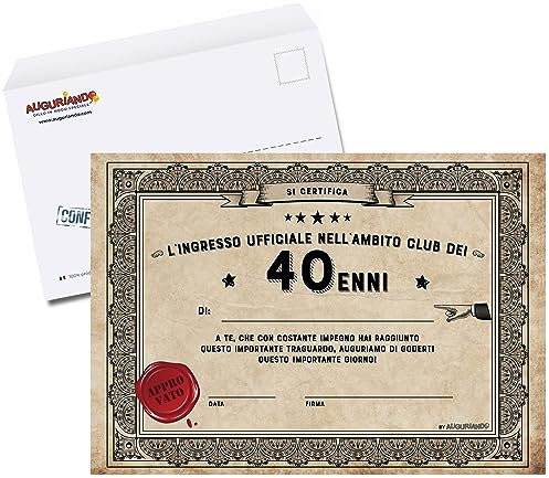 Auguriando Biglietto Auguri Attestato Certificato ENNE Attestato Diploma idea originale di compleanno anni Biglietti Divertenti Originali (40 anni)