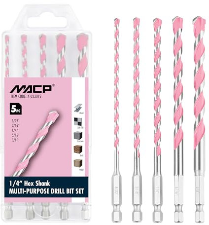 MACP Mehrzweck-Hartmetallspitzen-Bohrer-Set – 5-teiliges Steinbohrer-Set mit Sechskantschaft für Metall, Ziegel, Block, Holz, Kunststoff, Fliesen, 5/32 Zoll, 3/16 Zoll, 1/4 Zoll, 5/16 Zoll, 3/8 Zoll