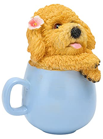 LiebeWH Cute Tea Cup Dog Ornament, Animal Model, Cup Dog Ornament Synthetic Resin Small Teacup Dog Figurine Home Decor Ornament Bookshelf Desktop Decoration 4.3x3.5x6.1in (Yellow teddy
