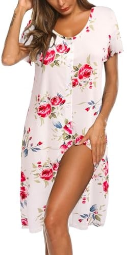 Ekouaer Womens Nightwear Ladies Nighties Nightdresses Button Up Nightshirts Summer Nightgown Short Sleeve, White Flower XXL