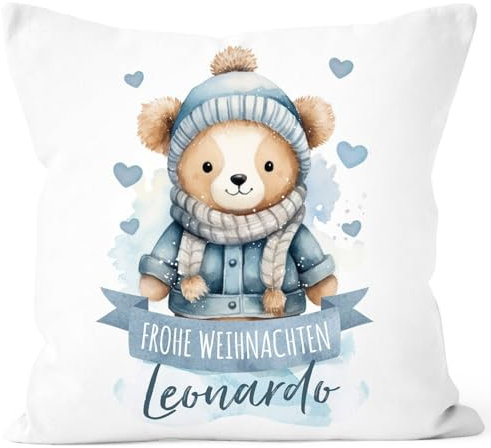 SpecialMe® Kissen-Bezug Weihnachten Tier-Motive personalisiert mit Namen Namenskissen Geschenk für Jungen und Mädchen Baby Bär weiß Standard