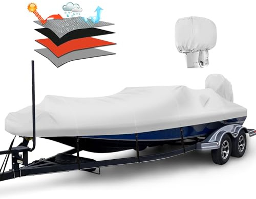 Solim Housse de bateau imperméable en polyuréthane 900D avec housse de moteur, toile en polyester remorquable de qualité marine, robuste et anti-UV, convient aux bateaux de basse de 6,1 à 6,7 m, coque