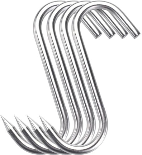 Grizef Gancio a S per carne, robusto acciaio inox, 200 mm x 10 mm, gancio per macellai, agricoltori, cacciatori (4 pezzi, 10 mm)