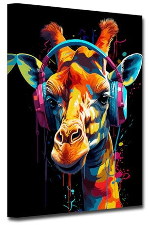 LZIMU Leinwand Wanddrucke Giraffe mit Kopfhörern bunte Giraffe die Musik hört Kunstdrucke cooles Tier Poster DJ Wanddekoration (D, 30.00 x 45.00 cms)