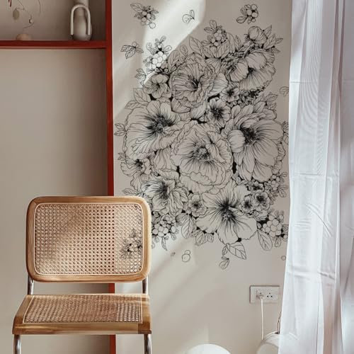 Runtoo Wandtattoo Blumen Schwarz Boho Wandsticker Groß Pfingstrosen Blüten Wandaufkleber Wohnzimmer Schlafzimmer Kinderzimmer Babyzimmer Wanddeko