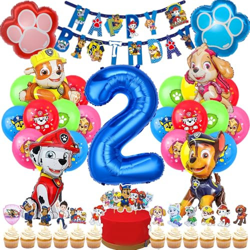 Dog Patrol Geburtstag Deko, Luftballon 2. Geburtstagsdeko, Hund Patrol Ballons, Blau Luftballon Zahl 2, Tortendeko, Happy Birthday Banner für 2 Jahre Kindergeburtstag Partydeko