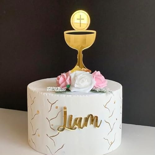 Adornos cáliz para primera comunión y cruz grabada, Nombre personalizados cortado con láser, Decoración para tartas de comunión, Adornos caliz para primera comunión, Topper para tarta (Design 3)