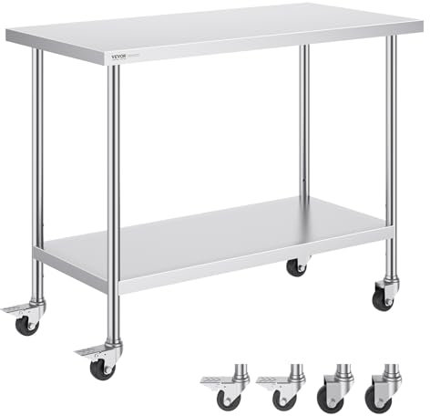 VEVOR Mesa de Trabajo de Acero Inoxidable 1219x610x954,6 mm con 4 Ruedas 3 Niveles de Altura Ajustables Mesa de Trabajo de Preparación de Alimentos Resistente para Cocina Comercial Restaurante