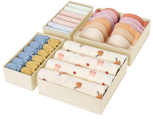 DIMJ 4 Pack Undewear Drawer Organiser - Fabric Wardrobe Storage Organiser Dresser Drawer Dividers Baby Clothes Organiser Sock Storage for Bedroom, Wardrobe(Beige)