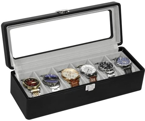 KILHS Uhrenbox mit 6 Fächern, Uhrenkasten mit Glasdeckel, Watch Box mit herausnehmbarer Unterlage & Metallverschluss, außen Schwarze Kunstleder und innen Schwarze Samt