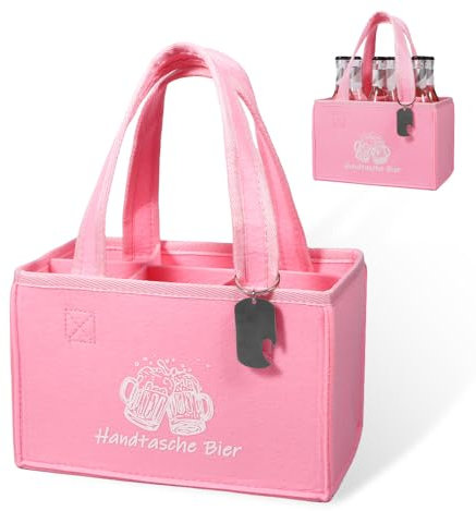 Komoke Pinker Flaschenträger für 6 Flaschen mit Bierglas-Motiv | Abnehmbare Trennwände & Tragegriff | Wiederverwendbare Flaschentasche für Party, Reise & Picknick | Stilvolles Design in Rosa