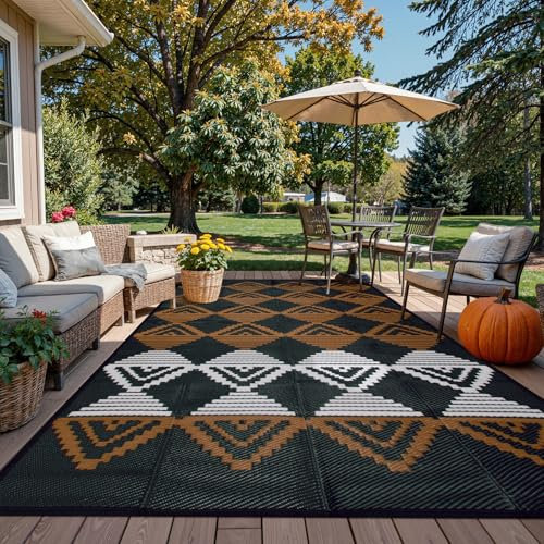 Beeiva Outdoor-Teppich, wasserdicht, modern, geometrisch, wendbar, 20,3 x 25,4 cm, groß, faltbar, für den Außenbereich, Kunststoff, Strohteppich für Camping, Veranda, Deck, Hinterhof, Balkon, Picknick