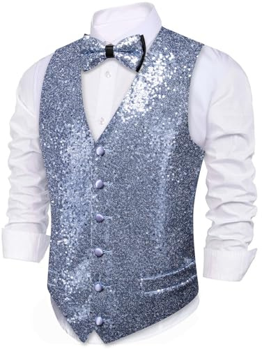Barry.Wang Herren Weste mit Pailletten, glänzend, mit Fliege, Set, schick, leger, für Fest, Disco, Party, Abschlussball, hellblau, L