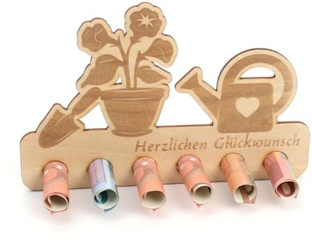 Kreative Feder Geldgeschenk Pflanzen zum Geburtstag - Geldscheinhalter aus Holz in originellem Design mit 6 Löchern für Geldscheine (Pflanzen)