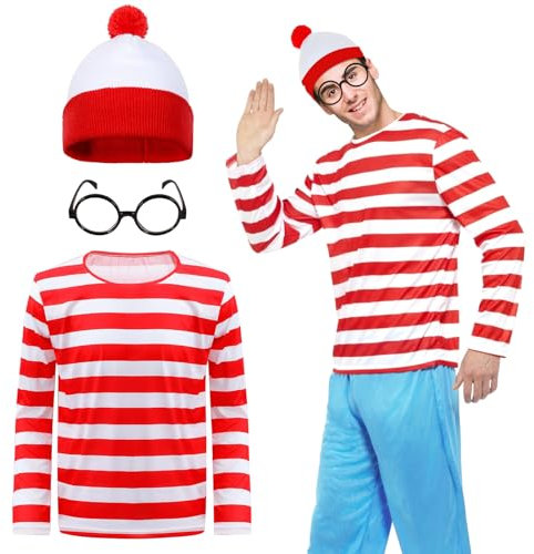 3PCS Men's Wally Costume Set,Cosplay Accessories Set with Red&White Stripe Long Sleeve Top Bobble Hat Black Nerd Glasses,90s Fancy Dress Costume for World Book Day Halloween Dress Up Day (Men, M)