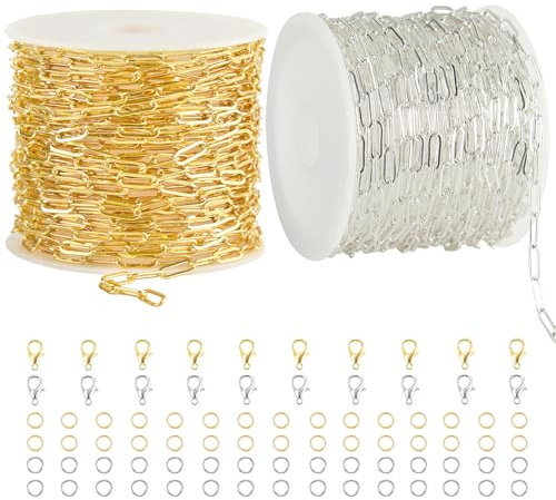 Kyutong 2 Rolls Paperclip Chain for Jewelry Making 32.8 Feet Jewelry Chain Links Silver and Gold Chains Bulk with Lobster Clasps and Jump Rings for DIY Craft Finding Jewelry Making Supplies