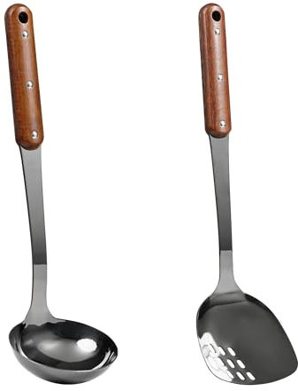 FJNATINH Juego de espátulas y wok para wok de acero inoxidable 304, con mango de madera resistente al calor largo, es un bonito regalo para los amantes de la cocina, 2 unidades