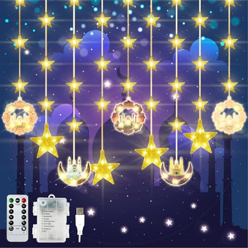 FORMIZON LED Muslim Ramadan Lichterkette, 3m Licht Stern Mond Lichterketten mit 8 Blinkenden Modi & Fernbedienung, Hängende Sternenlichterkette für Ramadan Party Dekoration (Farbe)