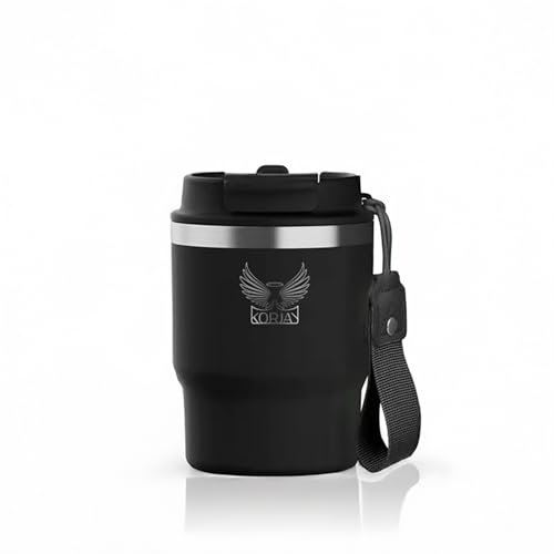 KorJay Thermobecher - Kaffeebecher to go mit integriertem Strohhalm, auslaufsicher - Thermobecher 500ml & 360ml, hält deinen Thermobecher Kaffee to go 4h heiß und 8h kalt, Kaffeebecher, schwarz
