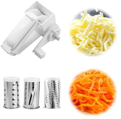 3-in-1 Handheld Cheese Grater, Cheese Slices Cheese Shreds Manual Rotary Grater with 3 Stainless Steel Graters Barrels, Foldable Multifunctional Grater for Fruits Vegetables Carrot Potato, White