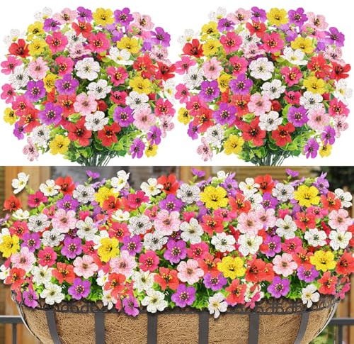 Epaing 6 Bundles of 6 Colours Artificial Flowers Outdoor No Fade Fake Flowers UV Resistant Faux Plants for Garden Home Fence Hanging Baskets, Purple Yellow Red Rosered White and Pink Plastic Flower