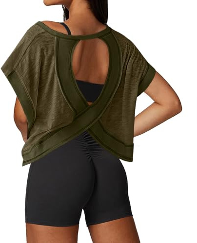 UNIANKIYA Open Back Workout Tops for Women Loose Fit Athletic Crop Tee Short Sleeve Gym Running Yoga Shirt