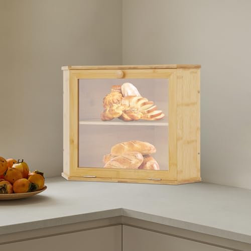 JUDEMII Contenitore per il Pane Angolare in Bambù con 2 Ripiani, Contenitore per il Pane con Finestra di Visualizzazione, 32 x 32 x 34 cm, per Cucina