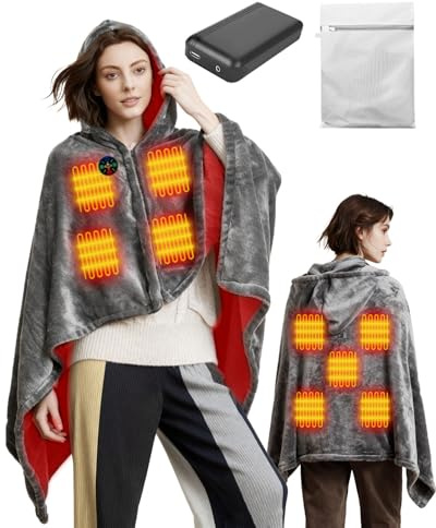 Electric Heated Shawl Blanket 150x85cm with Zipper Detachable Hat, Equipped with Battery 7.4V Nine Heated Areas Large Size Thick Flannel Fast Heating 3 Levels Temperature Heated Blanket (Dark Grey)