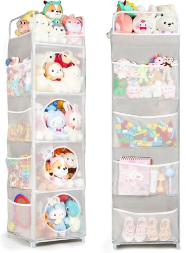 AXHOP Toy Storage, 42x42x162cm Teddy Storage, 5-Tier & 8 Side Pockets Toy Box, Kids Storage Unit for Bedroom & Playroom, Grey
