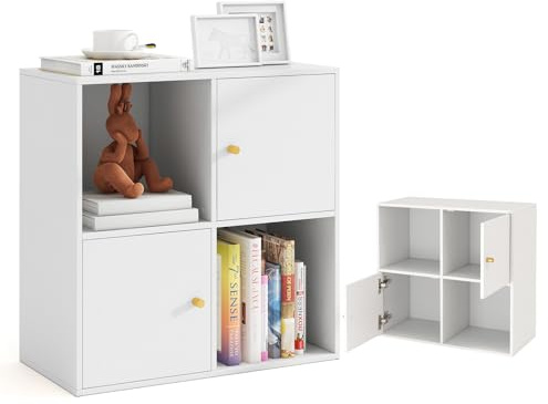 KOMFOTTEU 3 Ebenen Bücherregal mit 4 Fächern, Bücherschrank freistehend, Würfelregal mit 2 Türen, Aufbewahrungsschrank für Wohnzimmer, Schlafzimmer, Studie, Büro, 60 x 29 x 60 cm, Weiß