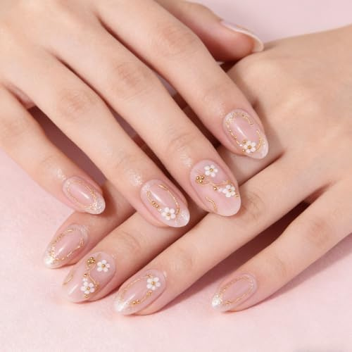 French Gold Pearl White Flower Press on Nails, Short Round Acrylic Fake Nails Design, Natural Reusable Nails Kit for Women DIY False Nail Art Decoration Gift, Salon Quality Reusable 24 Pcs