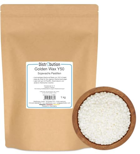 DistrEbution Golden Wax Y50 Sojawachs Pastillen - 1kg Rohwachs für Wachsmischungen, Veganes Kerzenwachs Pellets für Kerzenherstellung