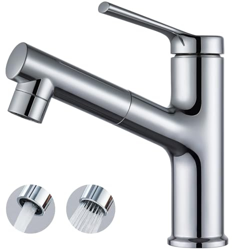 CECIPA Grifo Lavabo baño Cromo con ducha extraíble para lavar el cabello | Grifo Lavabo Grifo de alta presión para lavabo de baño,2 Modos de Flujo de Agua Cromo