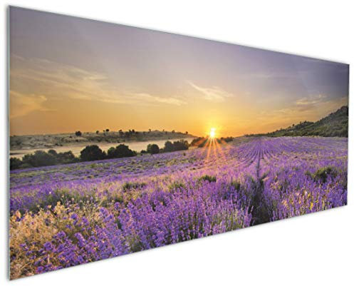 Wallario Küchenrückwand aus Glas 125 x 50 cm, Motiv: Sonnenuntergang über dem Lavendel | Spritzschutz abwischbar & pflegeleicht