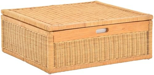Großer Unterbett Schub aus Rattan 64x58x25cm / Unterbettkommode mit Deckel, Bett Kasten Korb Kleider Aufbewahrung Box (Honig)