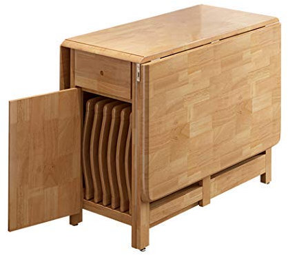 Combinación de mesa de comedor y silla plegable para el hogar, mesa rectangular con movimiento de ruedas, madera natural (madera, mesa de comedor de 1,35 m + 4 sillas)
