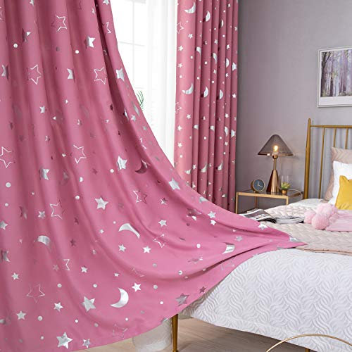 Nyescasa Sternen und Mond Vorhänge 2 Panel Rosa Verdunkelungs Vorhänge für Kinder Mädchen Schlafzimmer Wohnzimmer B 100 x H 200 cm Lsolierung Vorhänge