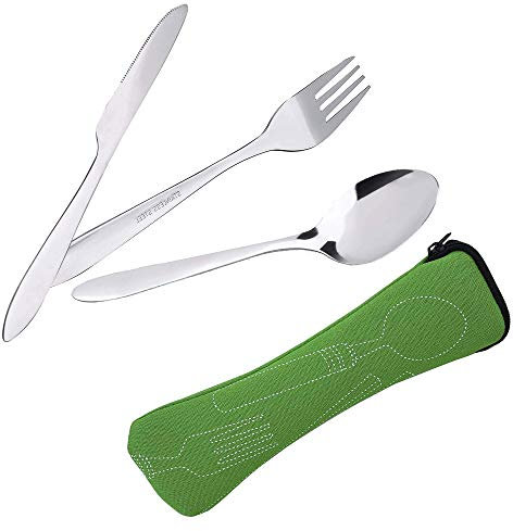 langjiao - Cubiertos para camping de acero inoxidable (cuchillo, tenedor, cuchara) con bolsa de neopreno, ideal para viajes y acampada, paquete de 3, verde