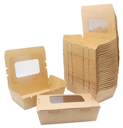 Contenitore per Alimenti da Asporto, 20 Pezzi Scatola di Carta Kraft per Alimenti, Cartone per Insalata, con Finestra, a Prova di Olio e Acqua, per Sandwich, Cheesecake, Hamburger (700ml/24oz)