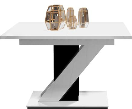 Mirjan24 Tisch für Esszimmer Malzik, Praktischer Auszugstisch, Rechteckiger Esstisch, Küchentisch, Esszimmertisch, Ausziehtisch (Weiß Hochglanz/Schwarz Hochglanz)