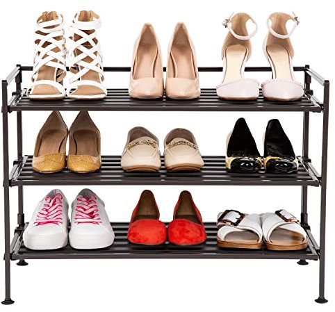Seville Classics Sturdy Freestanding Storage Shelf for Bedroom, Closet, Entryway, Dorm Room Organizer, Stackable Durable Metal Shoe Rack, Espresso Slat, 3-Tier (New Model)