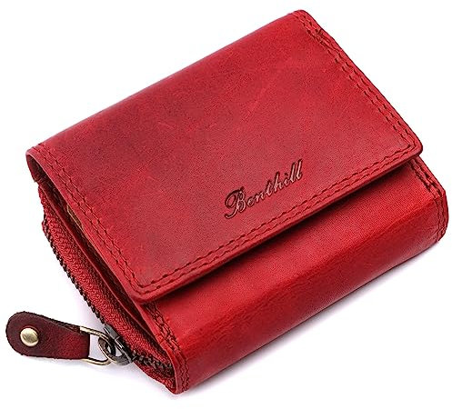 Benthill Kleine Geldbörse Leder RFID | Minibörse mit Münzfach & Scheinfach | Damen & Herren Mini Portemonnaie Echt Leder inkl. Geschenkbox, Farbe:Rot