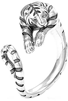 Yocoyee Einzigartiger Punk Eidechse Tiger Ring für Herren Vintage Thai Silber Lebendige Tieröffnung Verstellbarer Ring