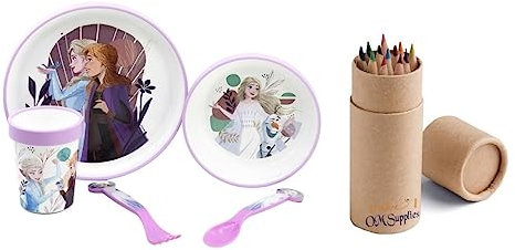 Disney La Reine des Neiges - Passe au micro-ondes - Personnage de dessin animé antidérapant - Bicolore - Service de table pour enfants - Assiette, bol, tasse, cuillère, fourchette - Plastique