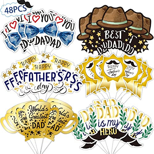 Father's Day Cupcake Toppers 48pcs Happy Fathers Day Cake Toppers I Love My Dad Best Dad Cupcake Picks with Beard Tie Signs for Father's Day Party Cupcake Decorations