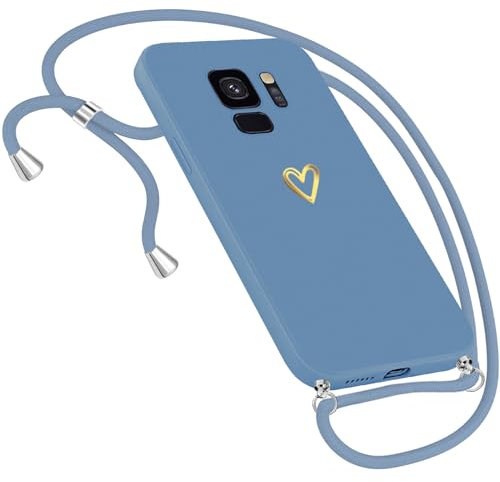 Handykette für Samsung Galaxy S9 mit Herz Motiv - Ultradünne Hülle mit Band zum Umhängen - Necklace Handyhülle (Blau)