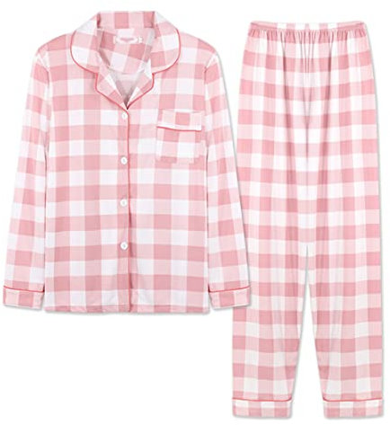 Minetom Ensembles de Pyjama Femme Fille 2 Pièces Bouton Vêtements de Nuit À Carreaux Manches Longues Col V Chemise et Pantalon Style Y01 36