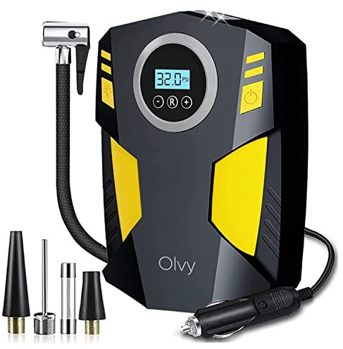 Olvy Luftkompressor Autoreifen 12V Netz, Elektrische Luftpump, Digitaler Anzeige, LED-Leuchte Mini-Kompressor für Auto Fahrrad Bälle 4 Ventile