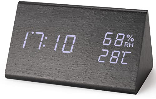 Virklyee Wecker aus Holz digital, 12/24HR, 3 Stufen einstellbar Helligkeit, 3 Alarmsätze können eingestellt Werden, Anzeige von Temperatur/Luftfeuchtigkeit/Datum, Mit USB-Ladeanschluss (Schwarzes)